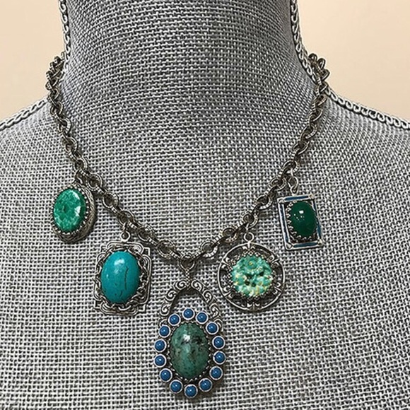 Antiqued Silver Blues & Green Stone Necklace, NWT - Picture 2 of 2